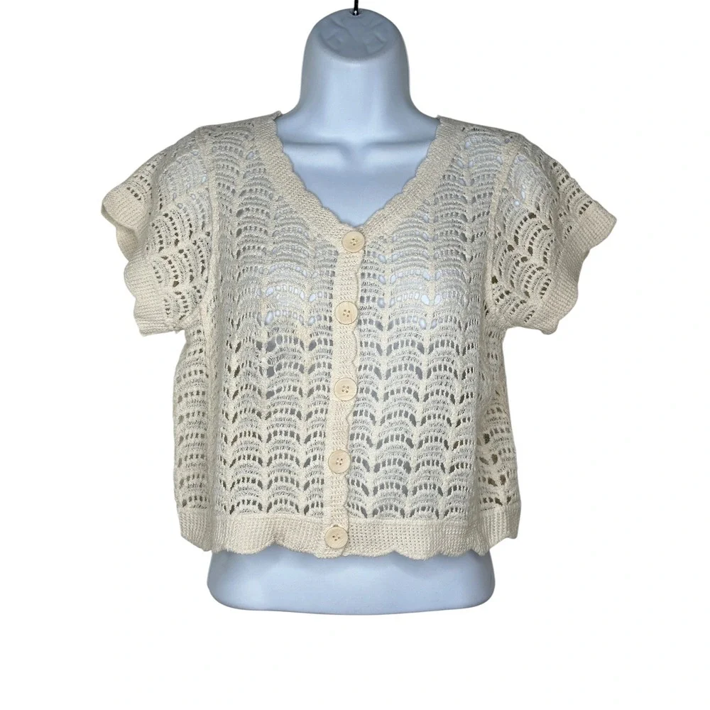 Good Luck Gem Crochet Cardigan Medium Cream Pointelle Cotton Knit Top Cottage